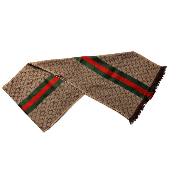 Gucci Brown & Beige GG Logo Print w/ Green Red Stripe Wool Silk Scarf Pre-owned - Picture 2 of 16